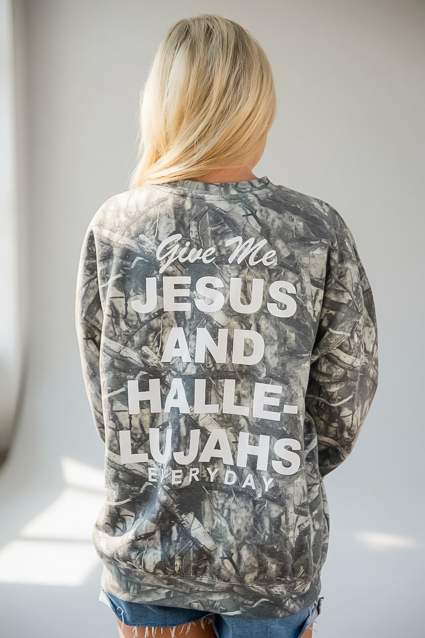 Camo Give Me Jesus and Hallelujahs Crewneck