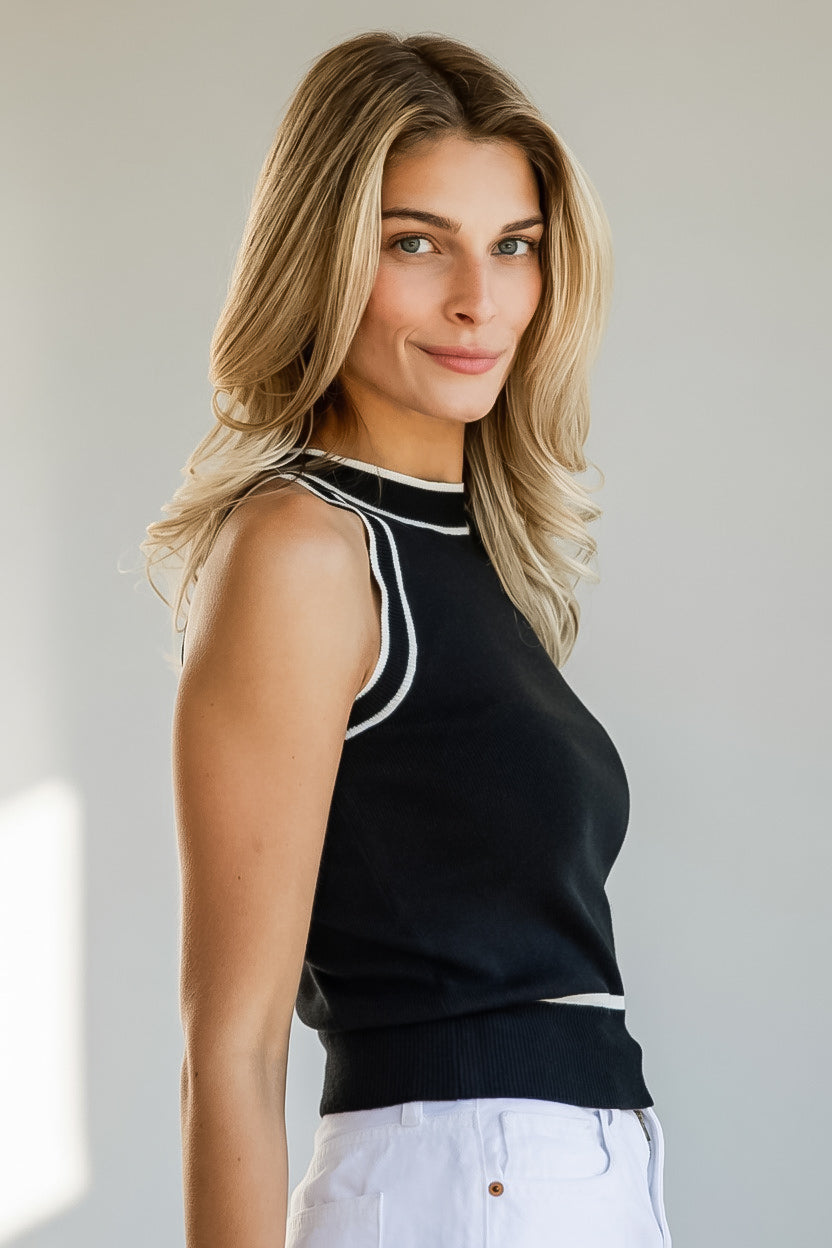 Center Court Contrast Black Knit Tank