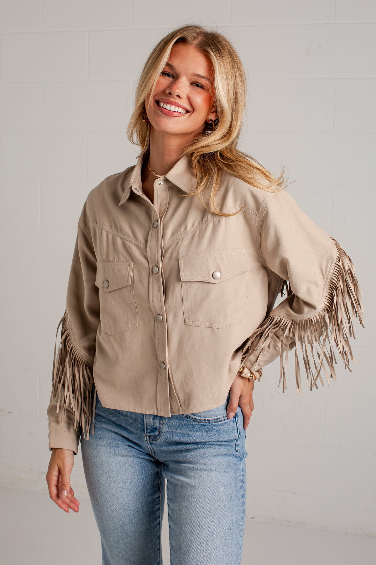 Dancing Through Dallas Fringe Beige Jacket