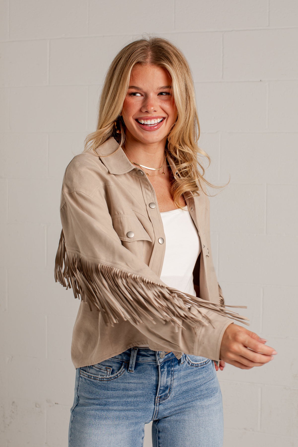 Dancing Through Dallas Fringe Beige Jacket