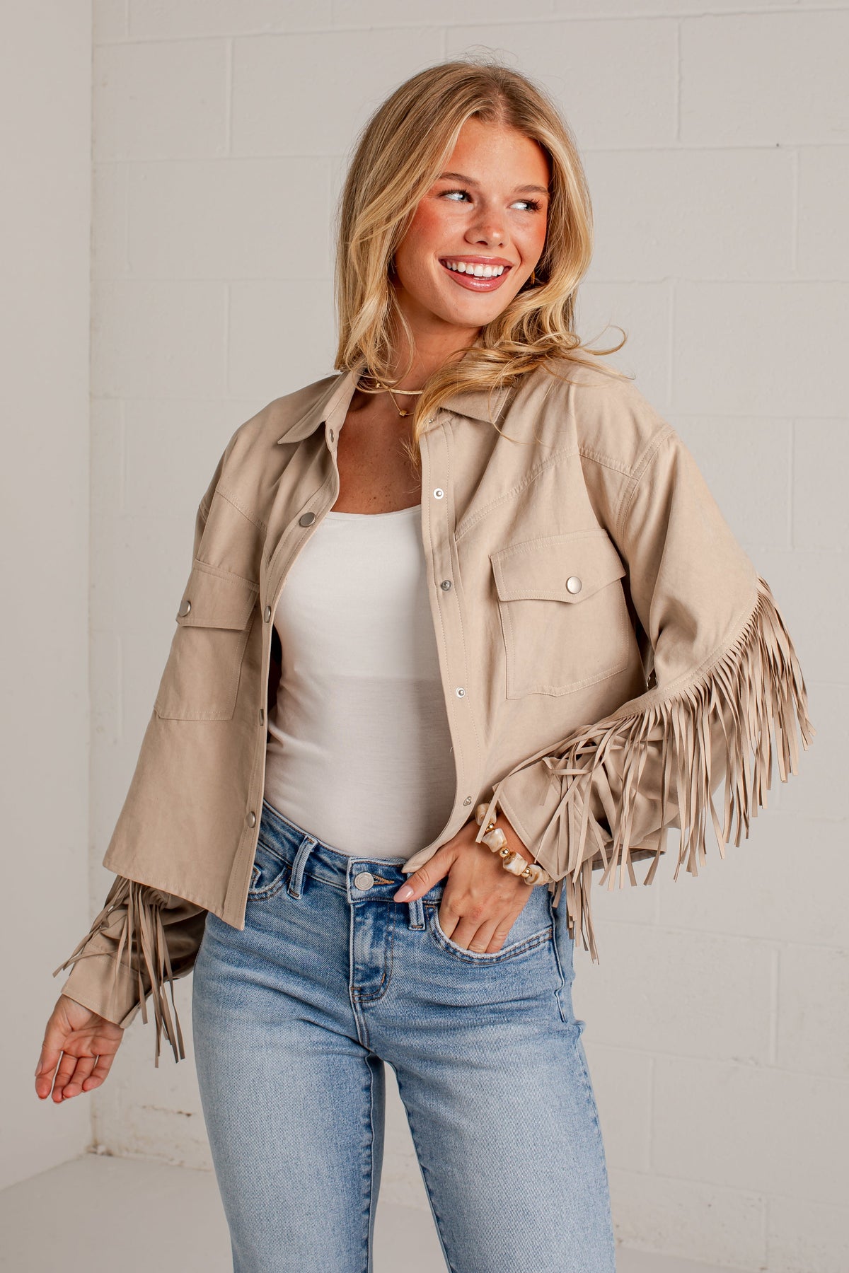 Dancing Through Dallas Fringe Beige Jacket