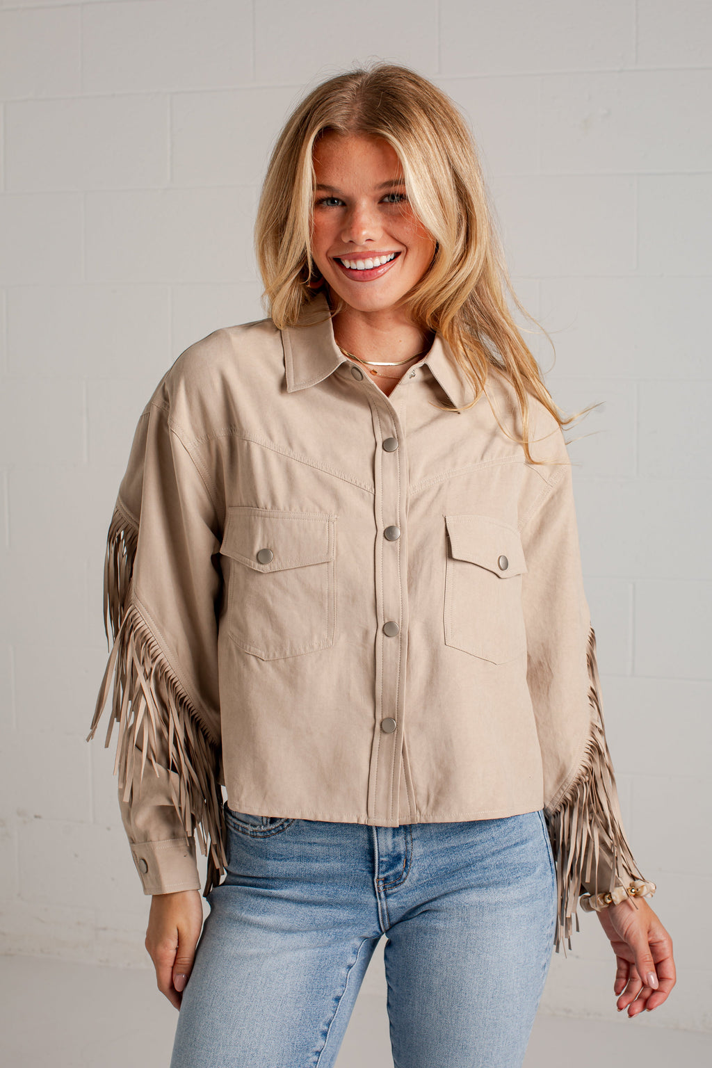 Dancing Through Dallas Fringe Beige Jacket