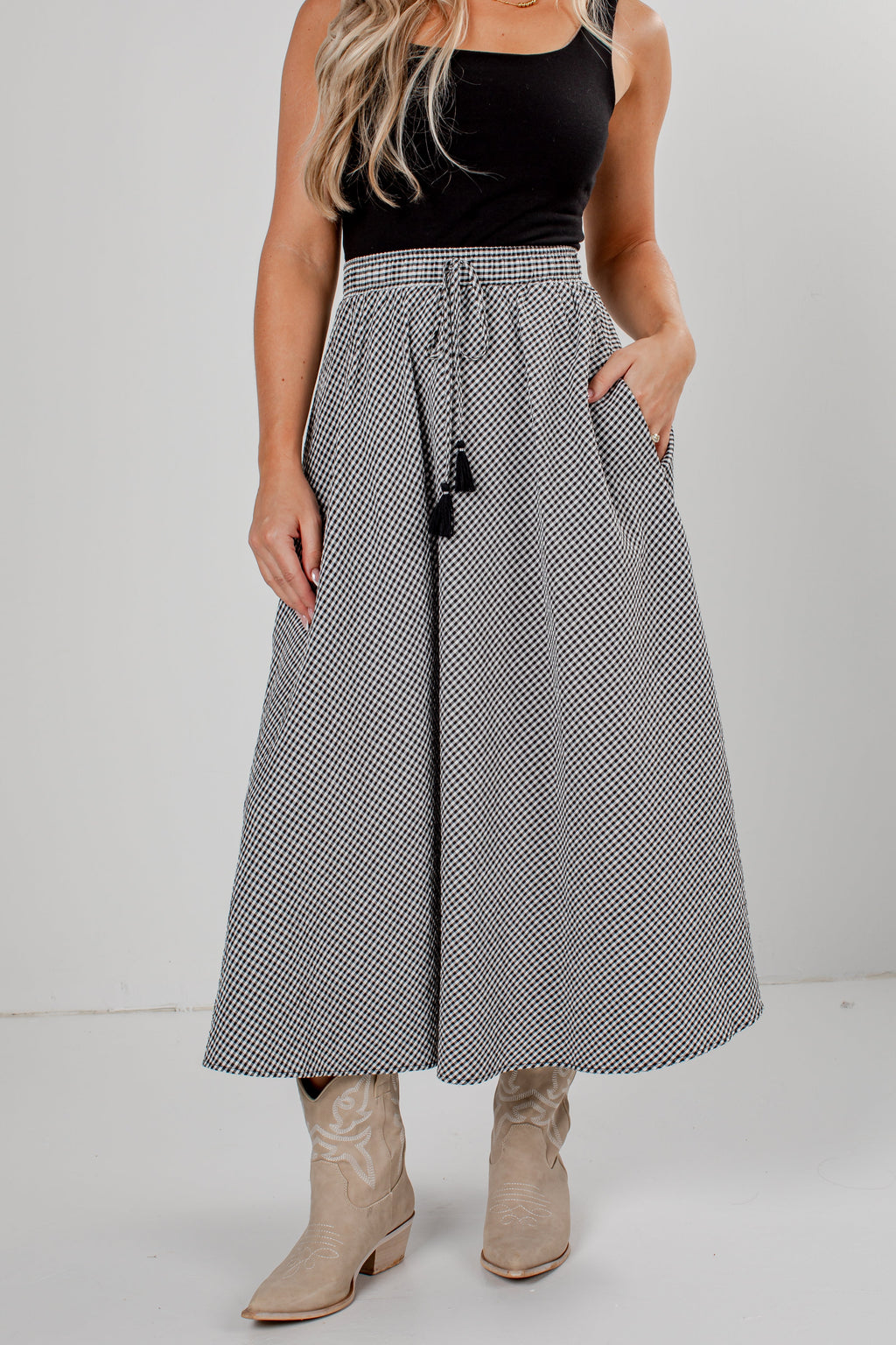 City Stroll Black Gingham Maxi Skirt