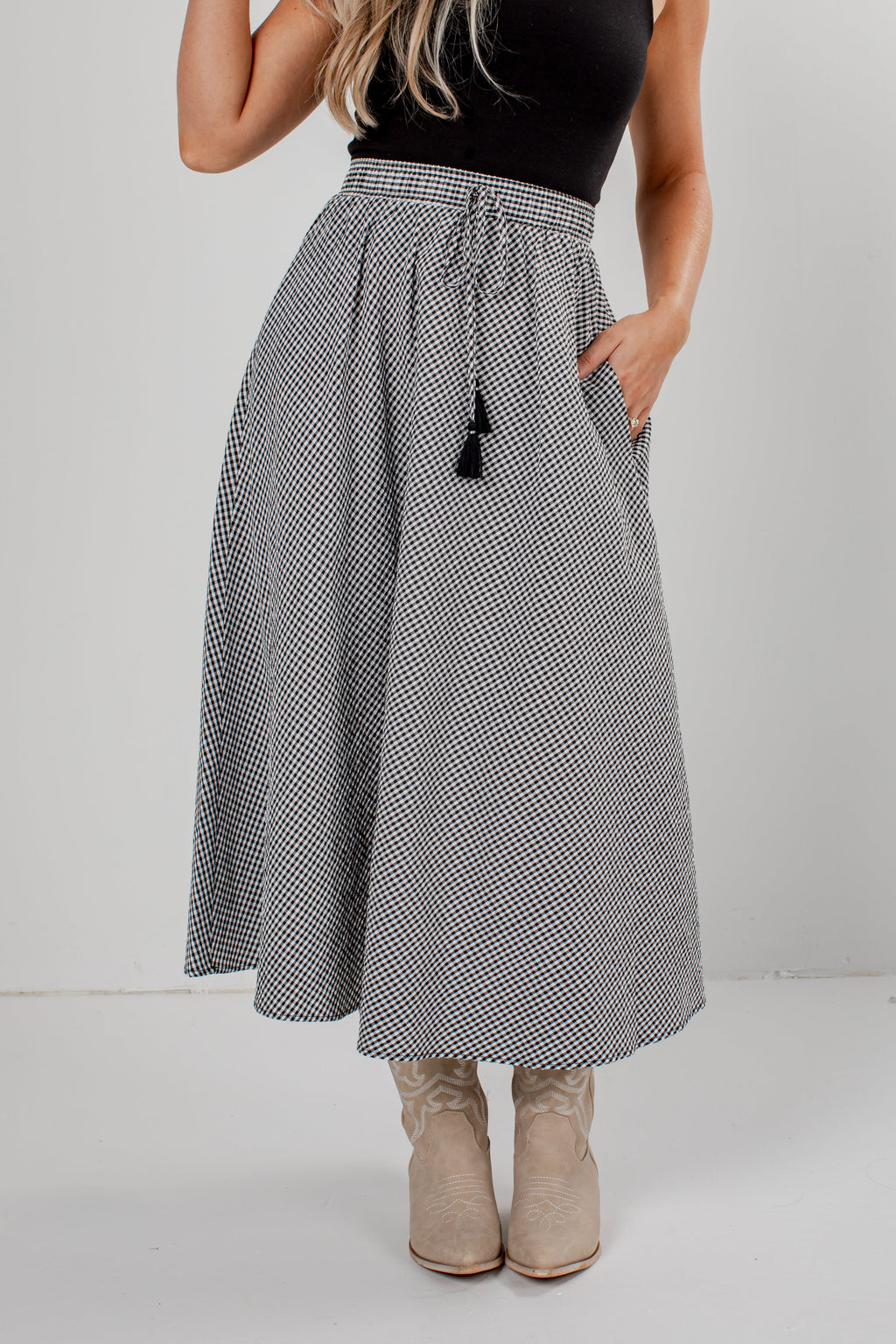 City Stroll Black Gingham Maxi Skirt