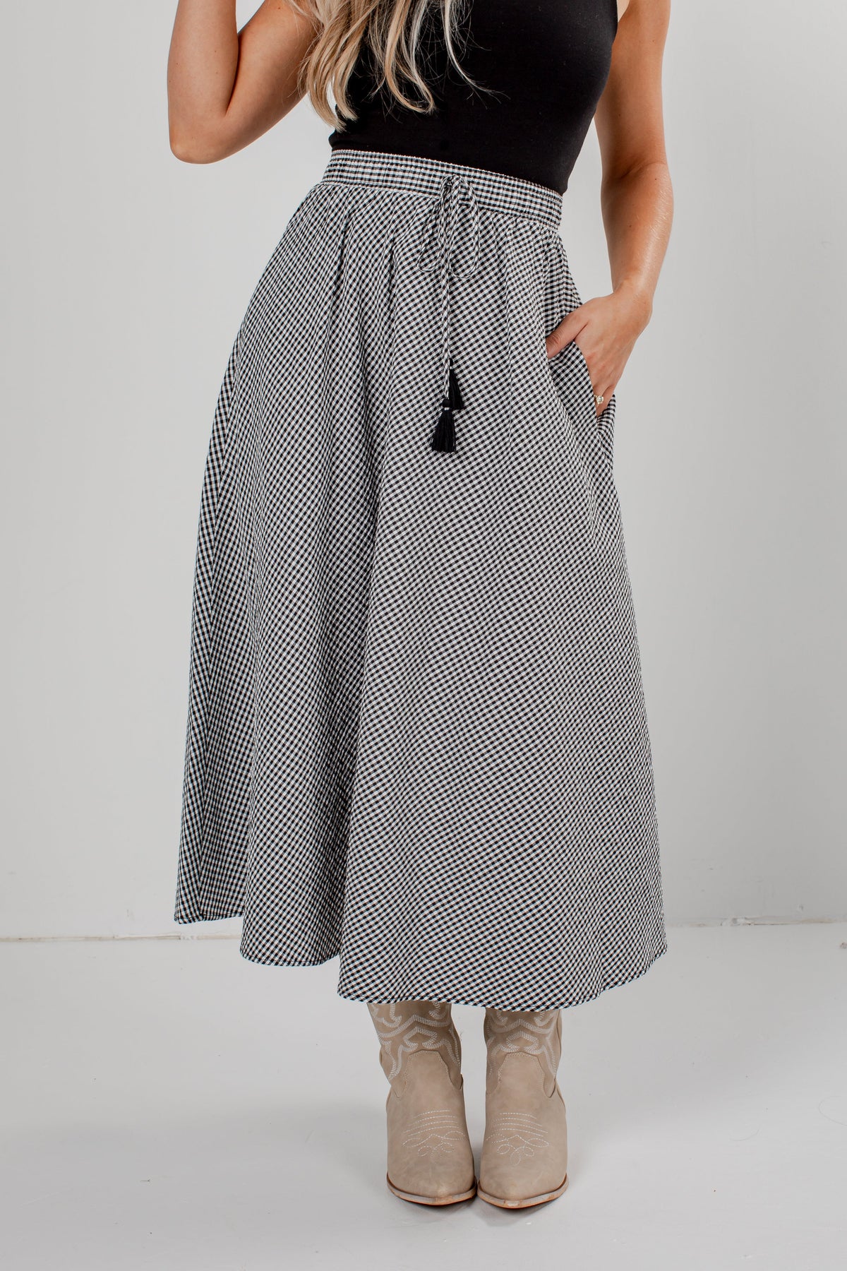 City Stroll Black Gingham Maxi Skirt