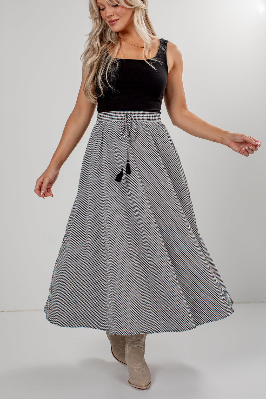 City Stroll Black Gingham Maxi Skirt