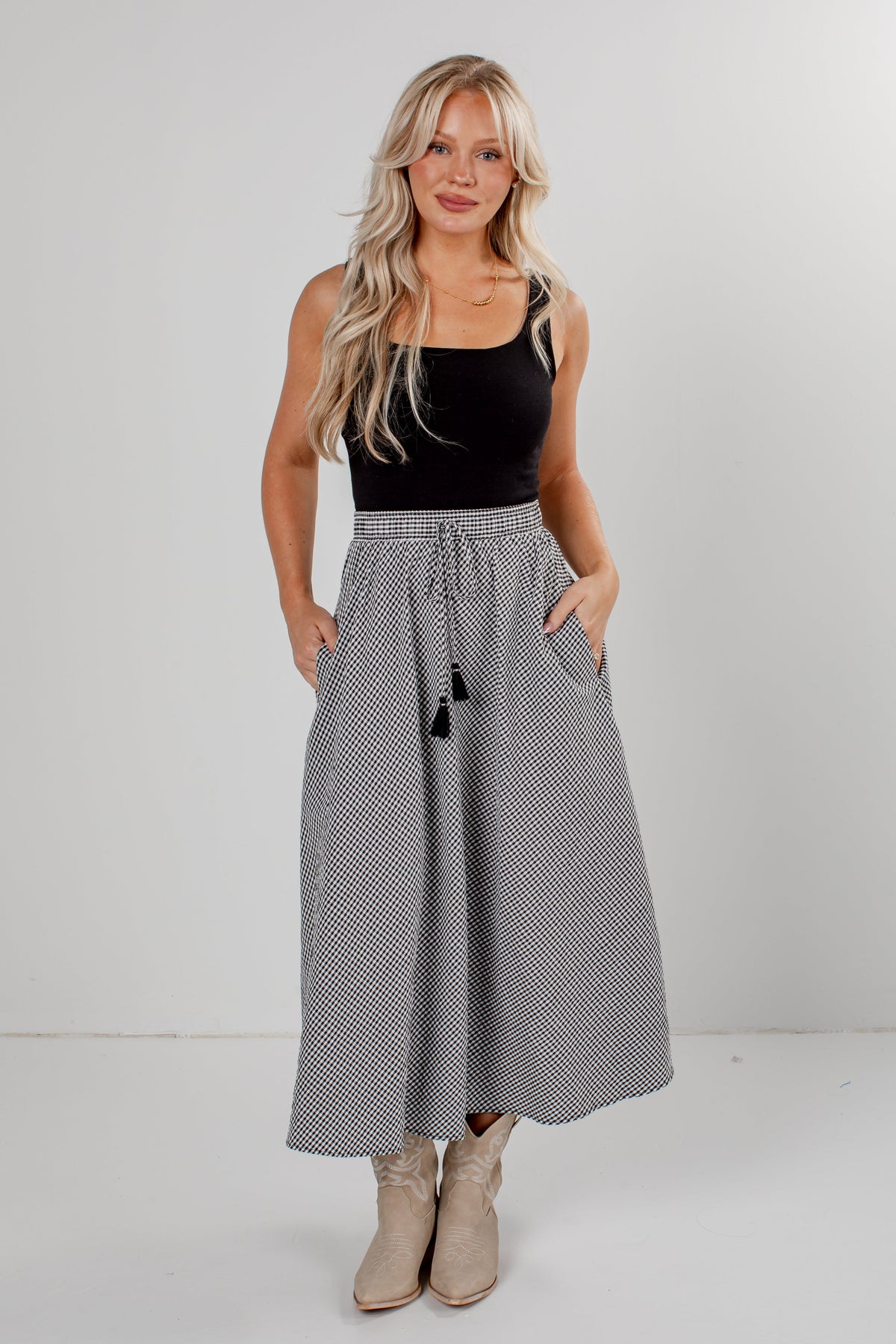 City Stroll Black Gingham Maxi Skirt