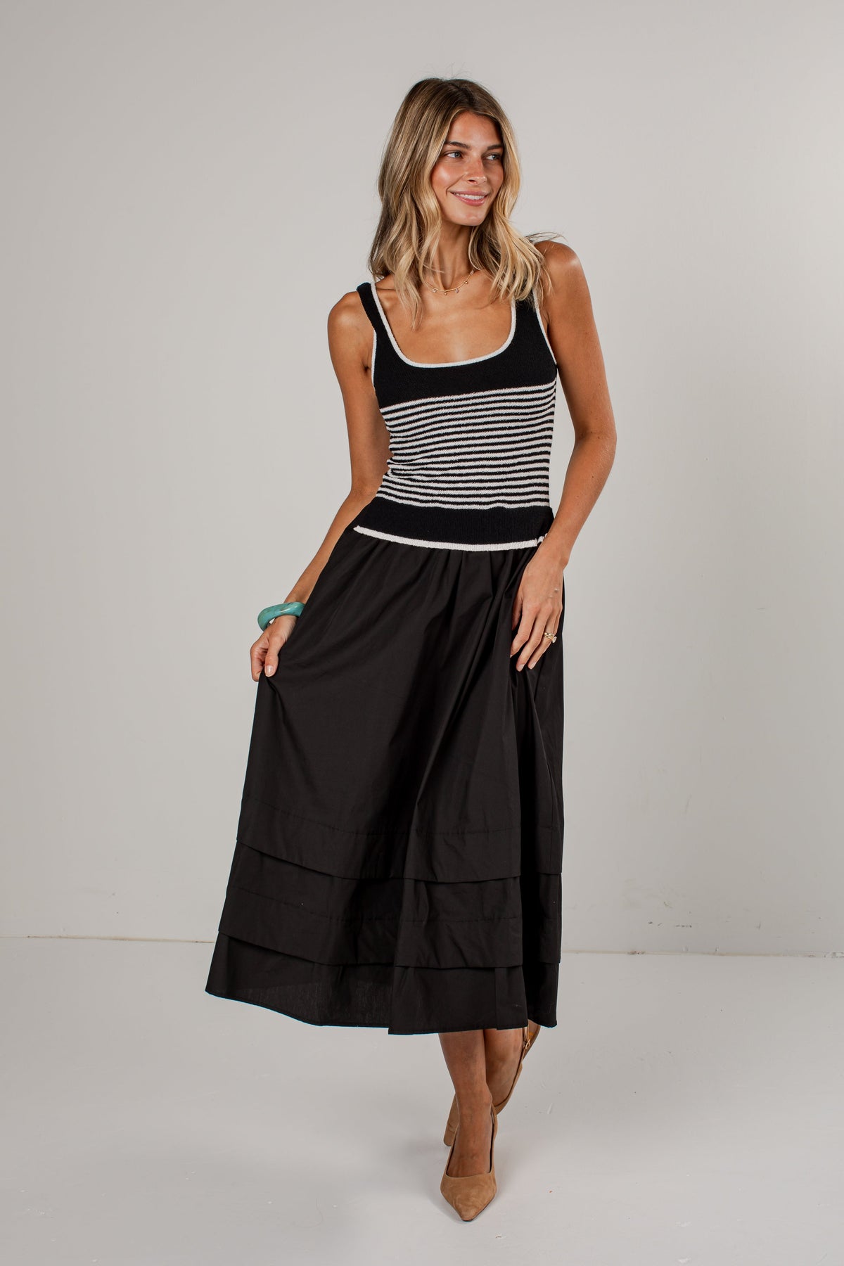 Center Of Attention Striped Knit Black Maxi Dress
