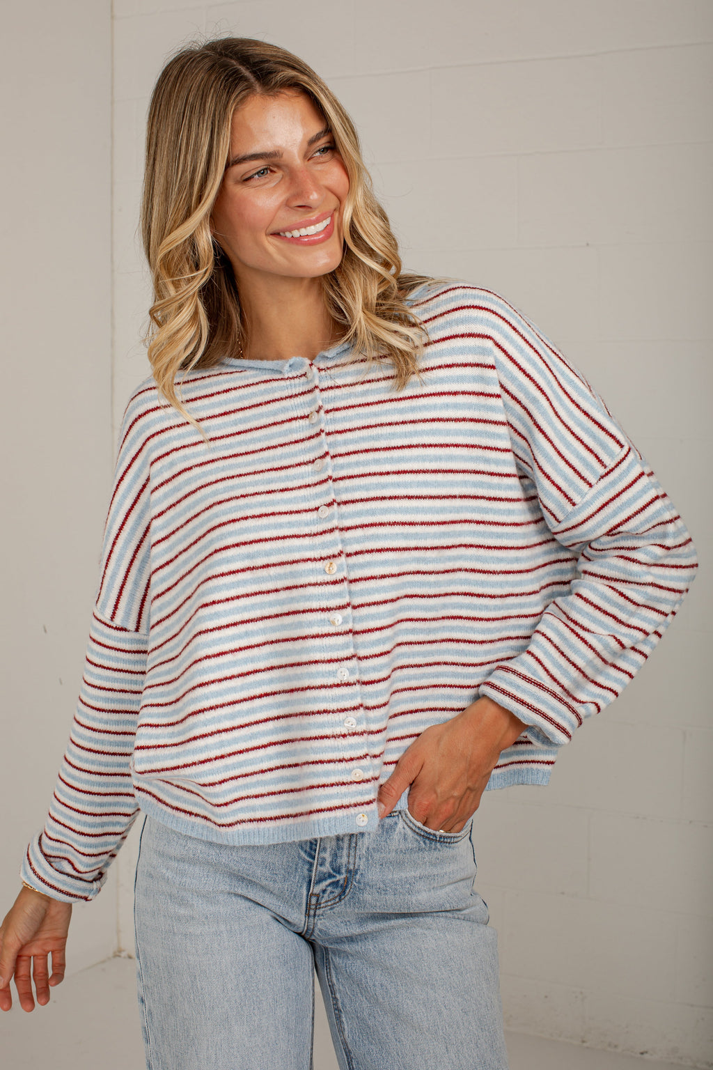 Better In Blue Contrast Stripe Cardigan