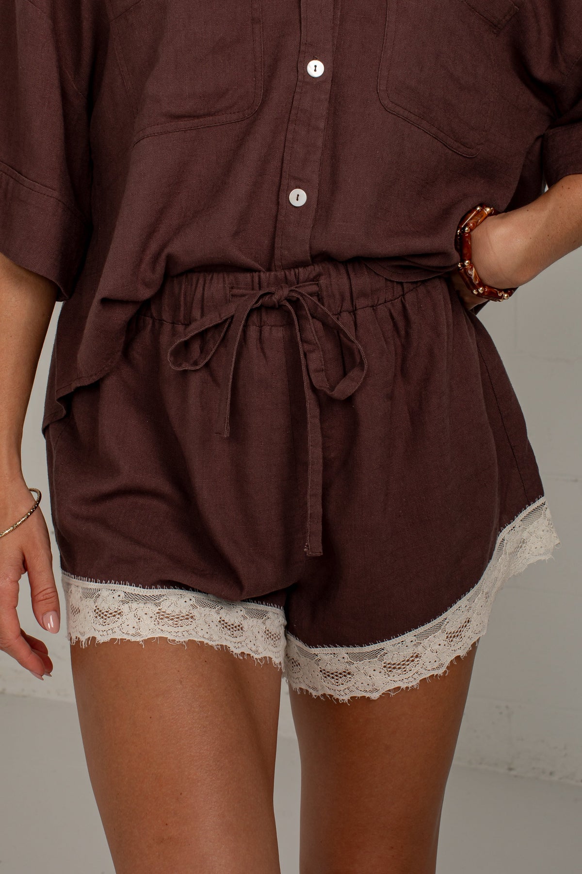After Hours Brown Lace Trim Shorts