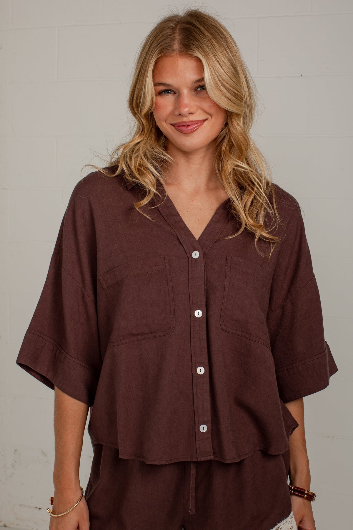 After Hours Brown Linen Button Down Top