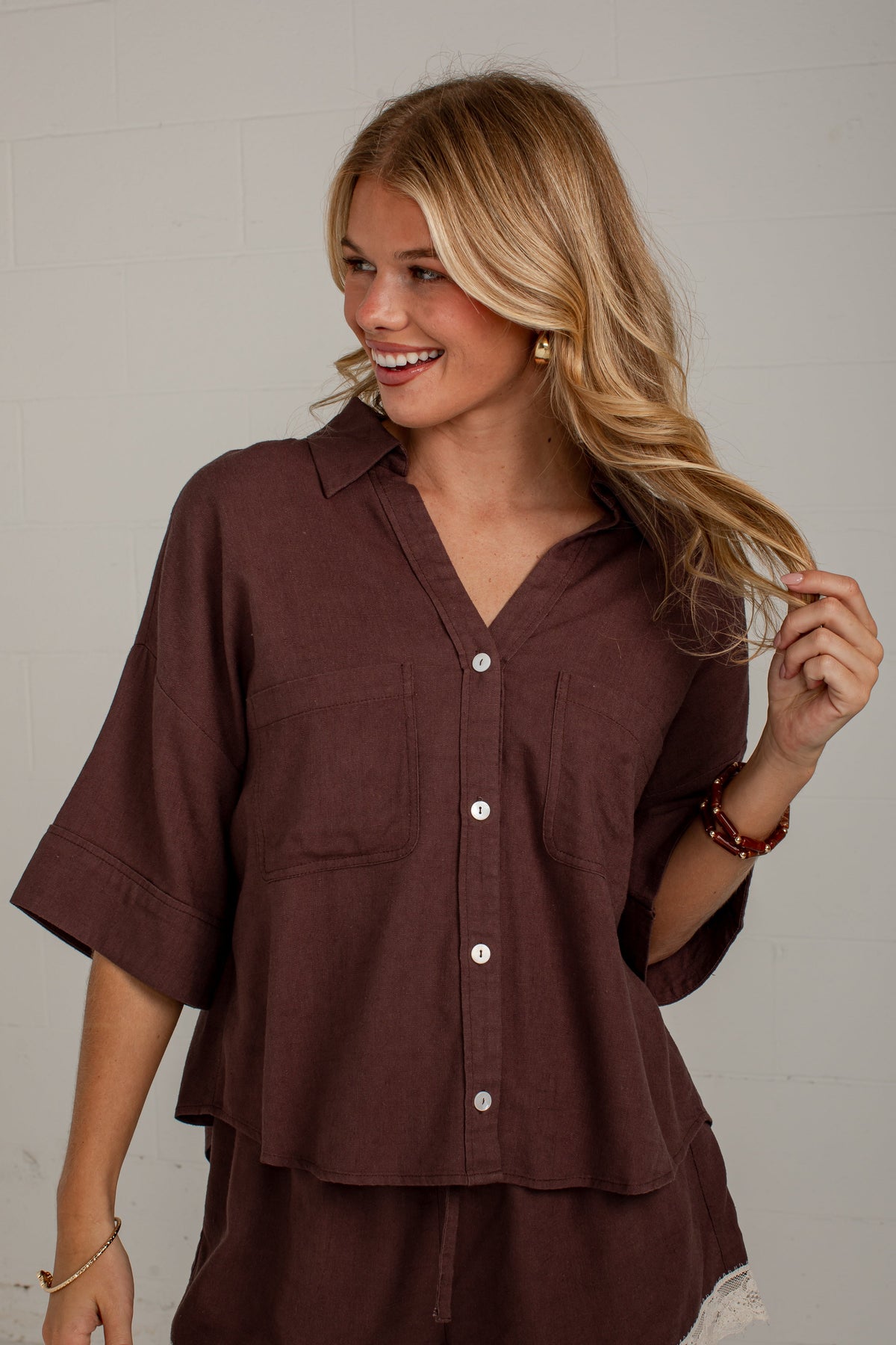 After Hours Brown Linen Button Down Top