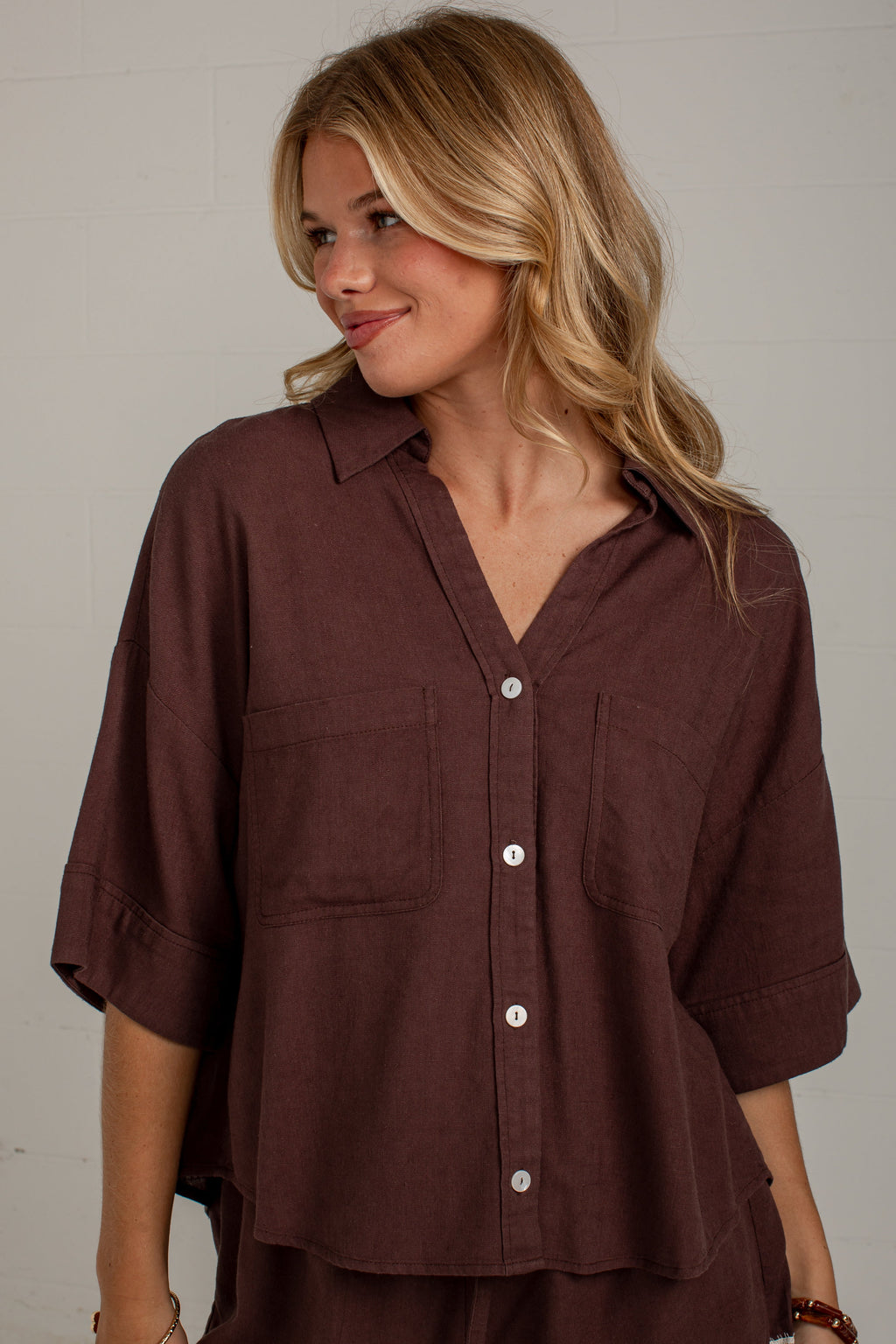 After Hours Brown Linen Button Down Top