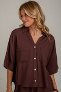 After Hours Brown Linen Button Down Top