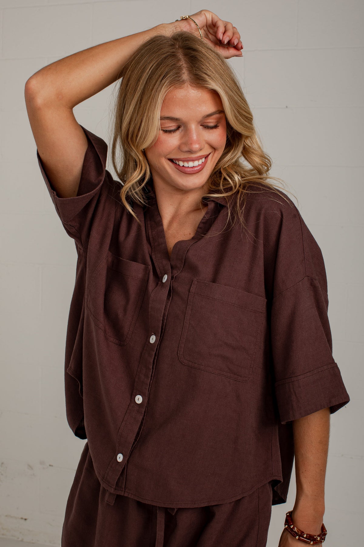 After Hours Brown Linen Button Down Top