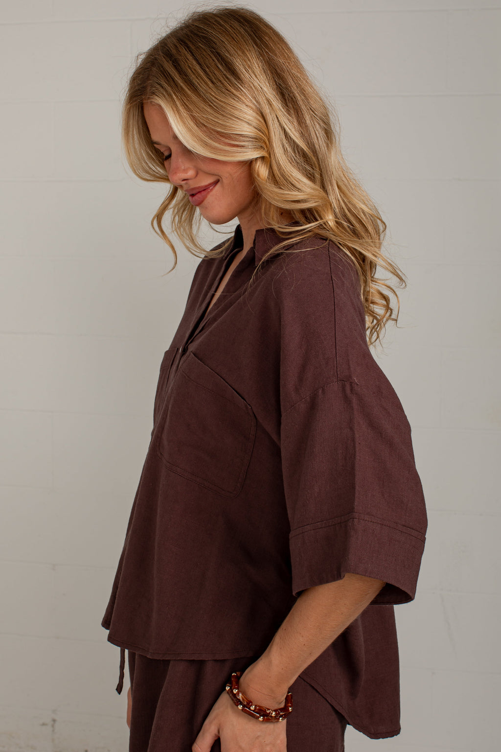 After Hours Brown Linen Button Down Top
