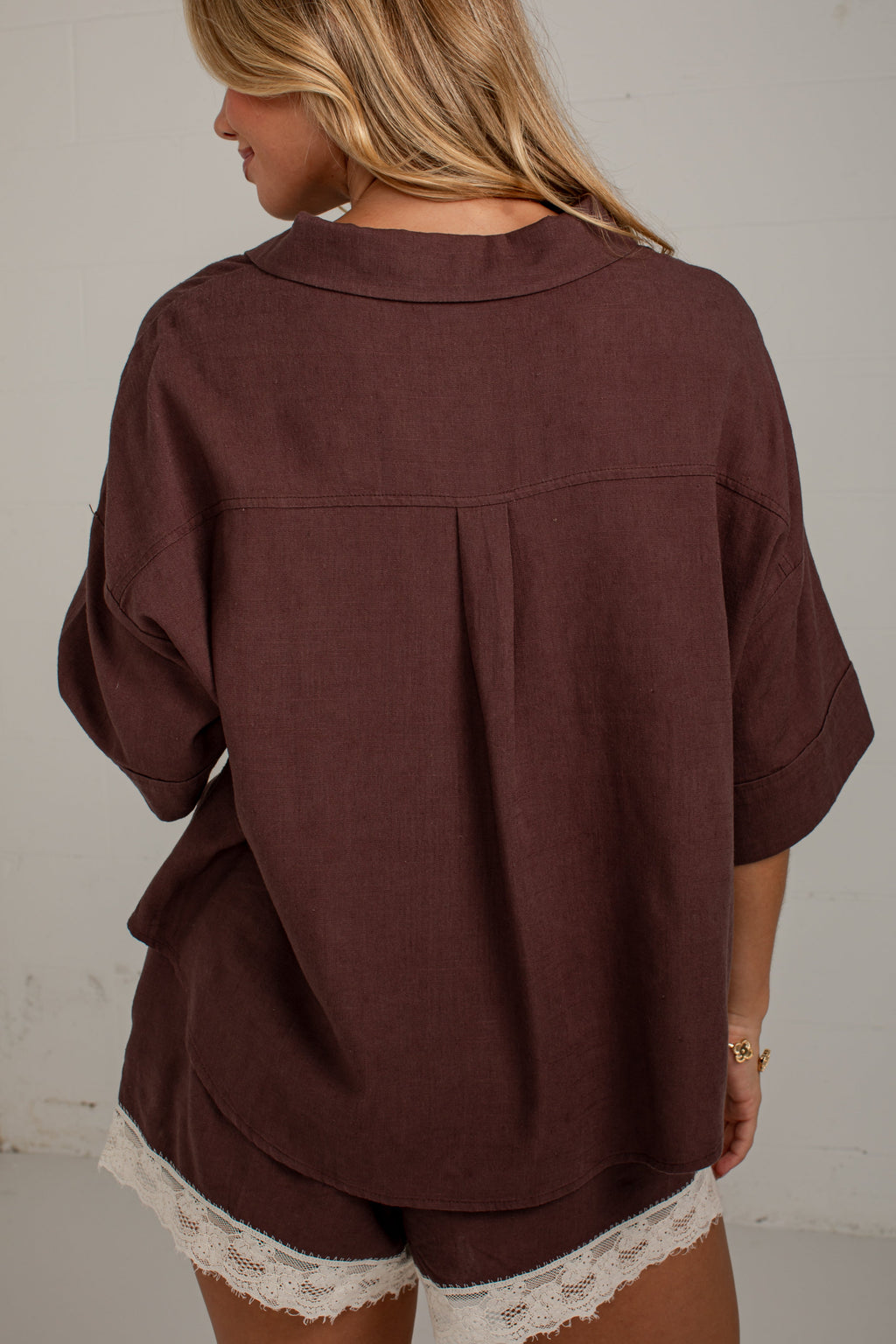 After Hours Brown Linen Button Down Top