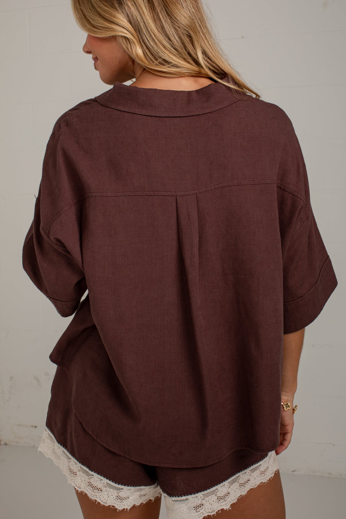 After Hours Brown Linen Button Down Top