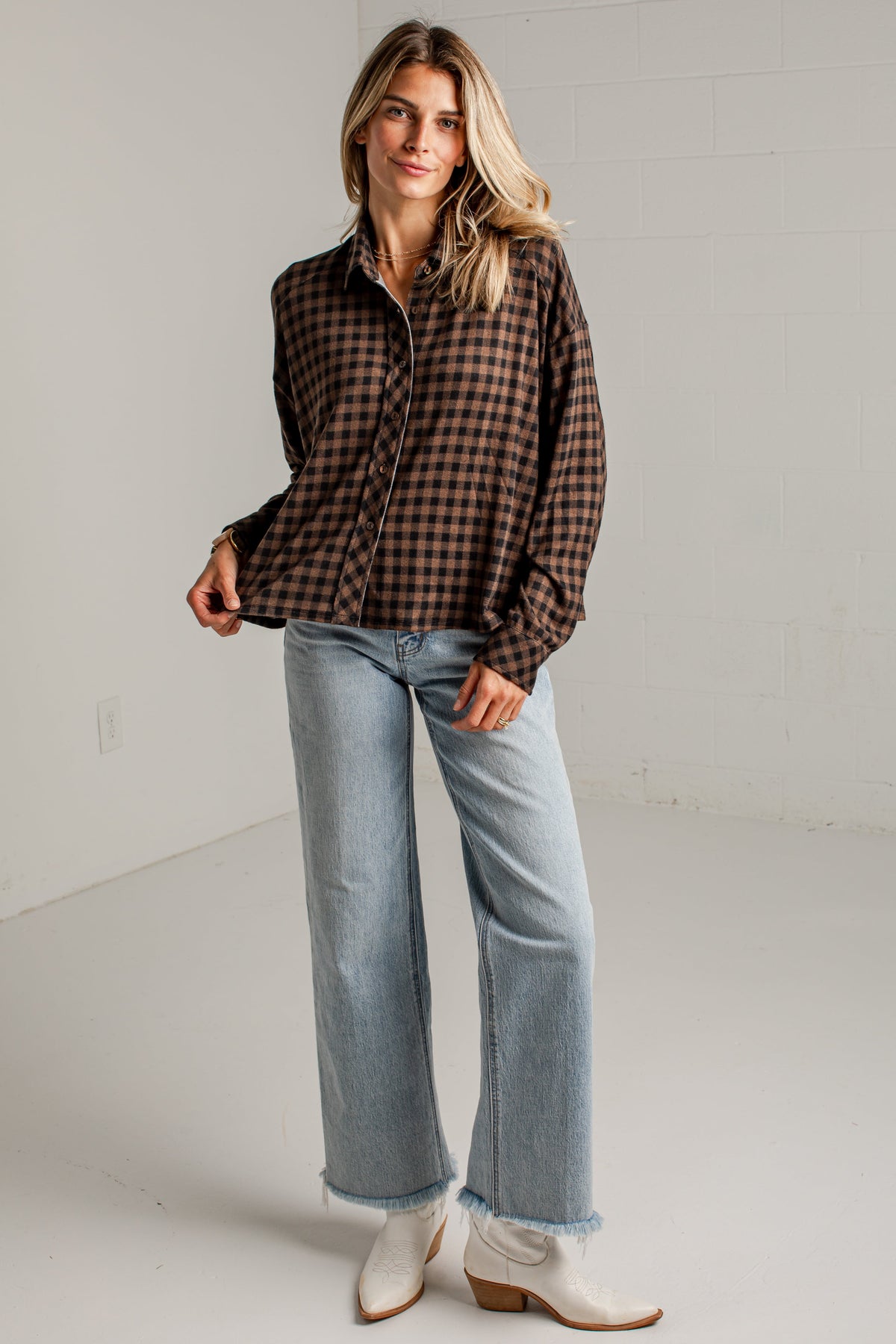 Cabin Social Brown Plaid Button Up Top
