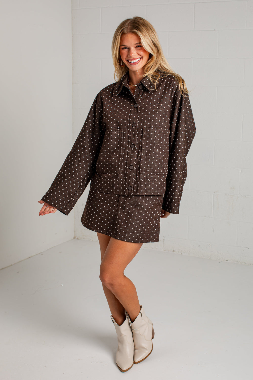Dot Your Way Brown Polka Dot Mini Skirt