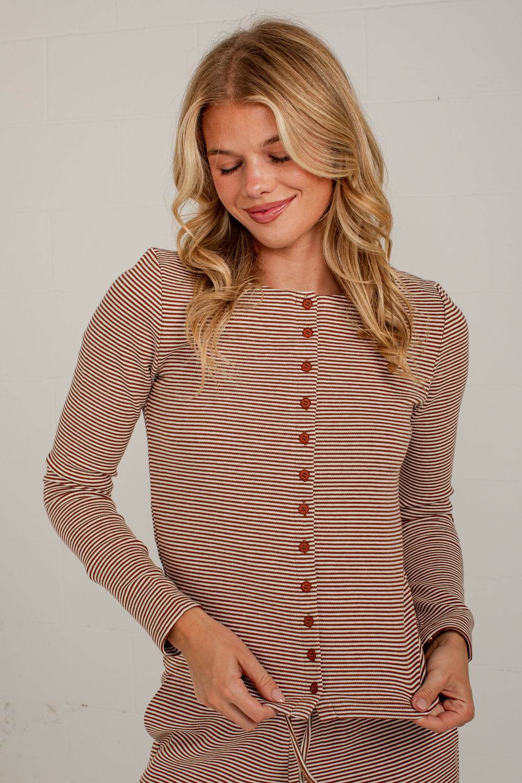 Coffee Break Brown Stripe Button Front Top