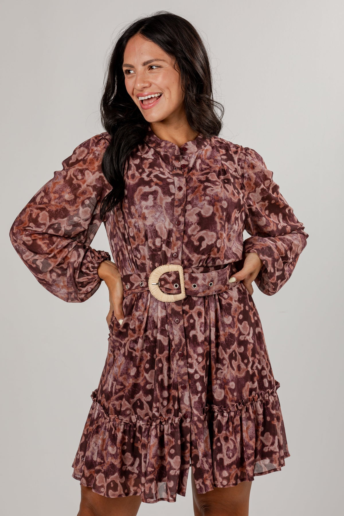 Autumn Romance Burgundy Floral Mini Dress