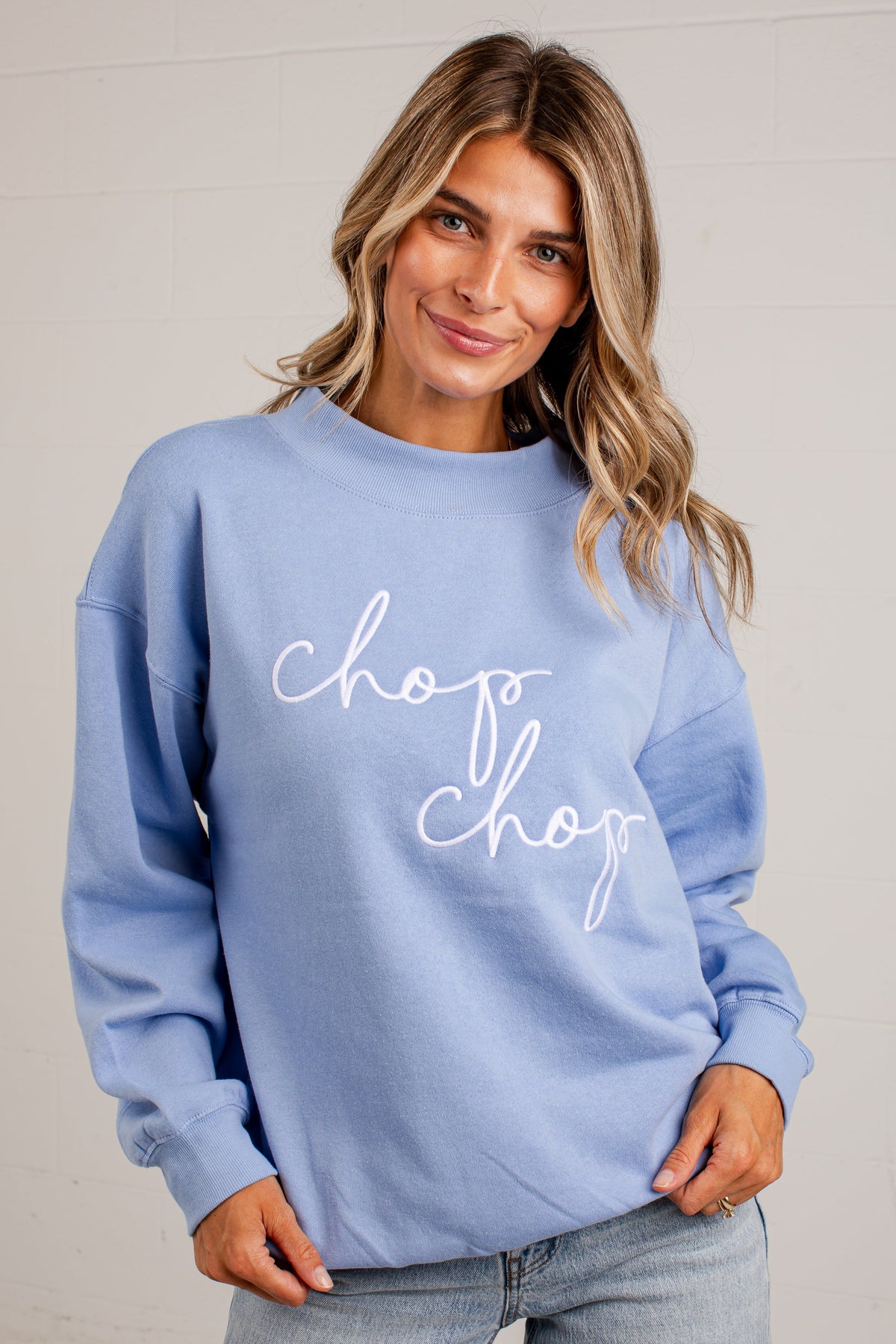 Chop Chop Script Mock Neck Pullover