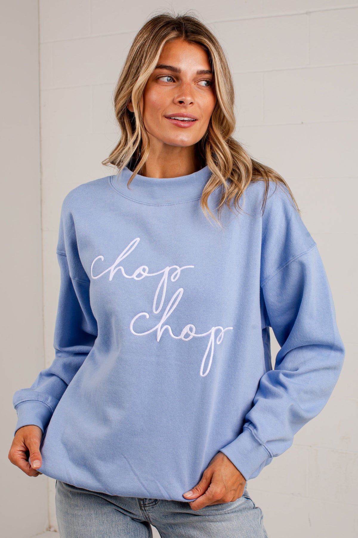Chop Chop Script Mock Neck Pullover
