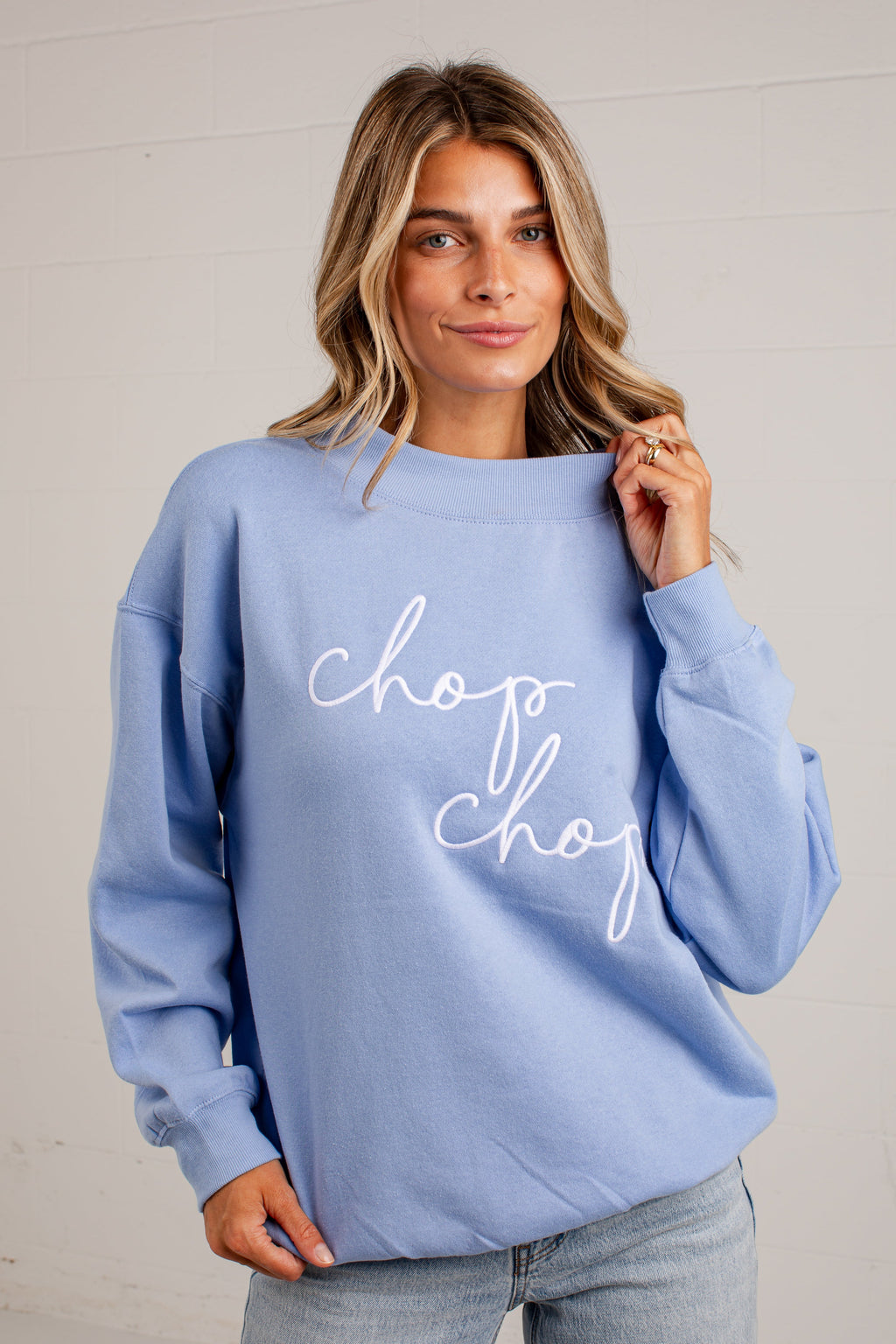 Chop Chop Script Mock Neck Pullover