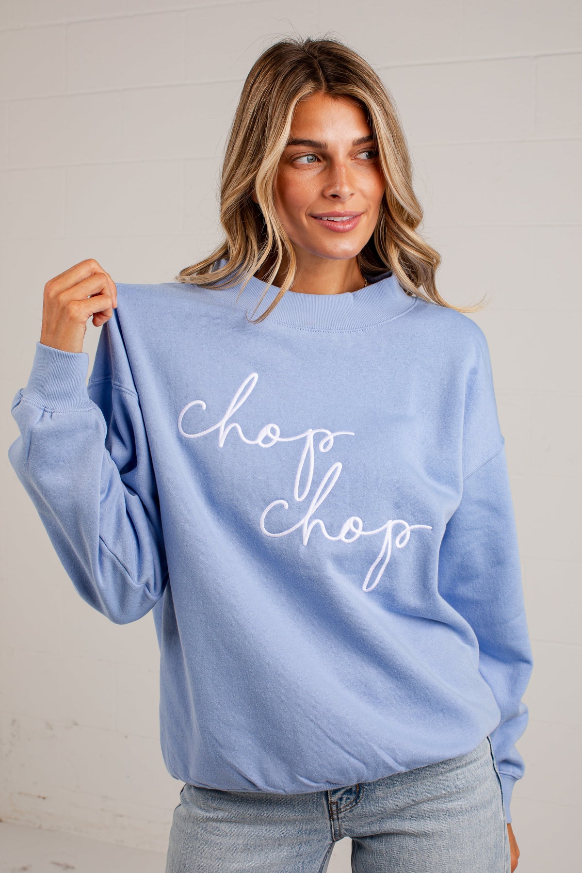 Chop Chop Script Mock Neck Pullover