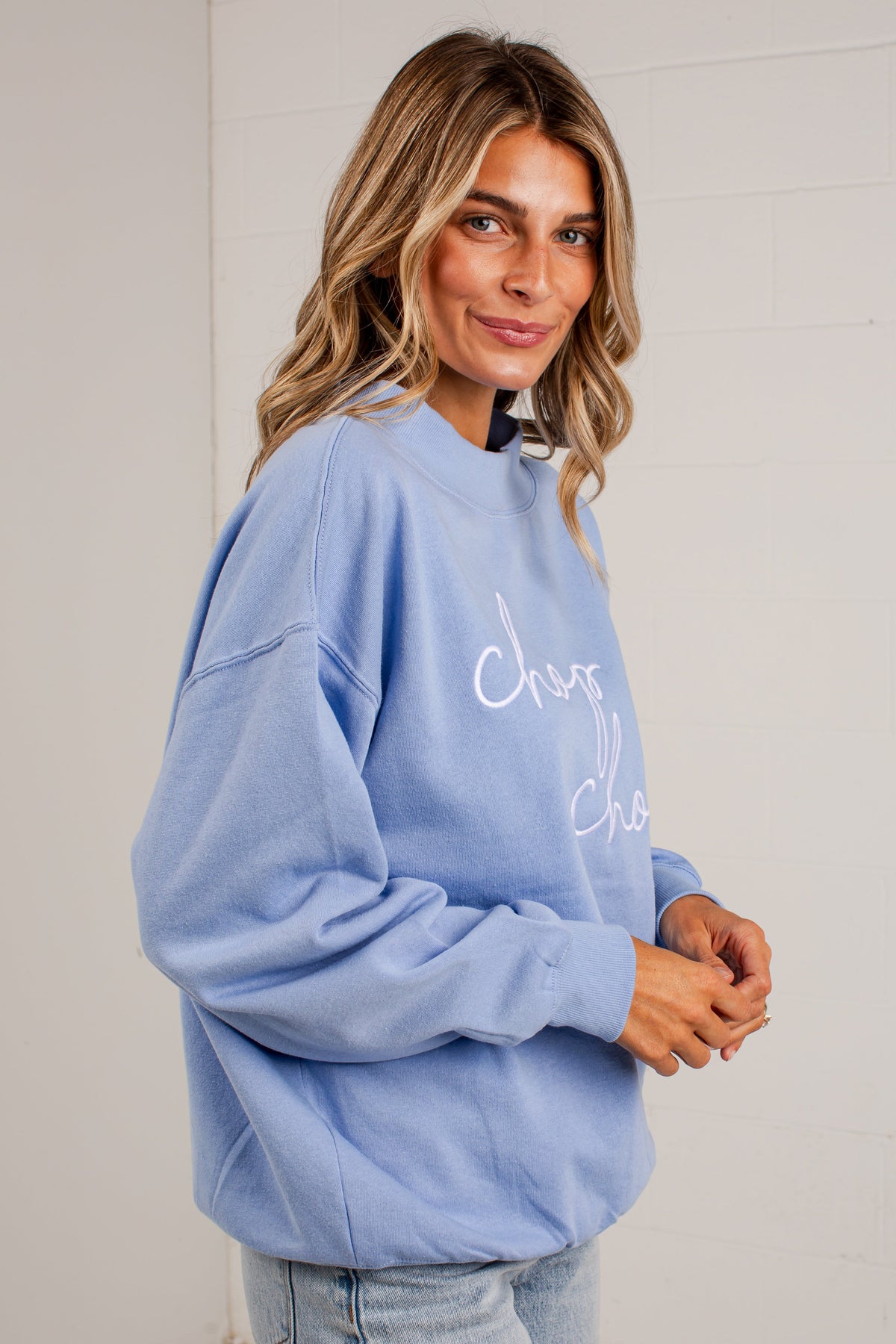 Chop Chop Script Mock Neck Pullover