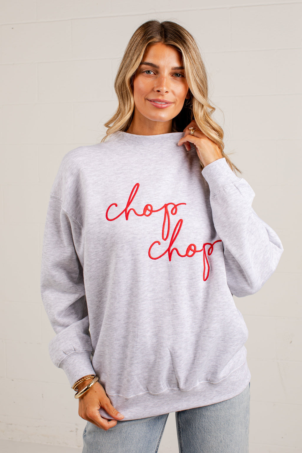 Chop Chop Script Mock Neck Pullover