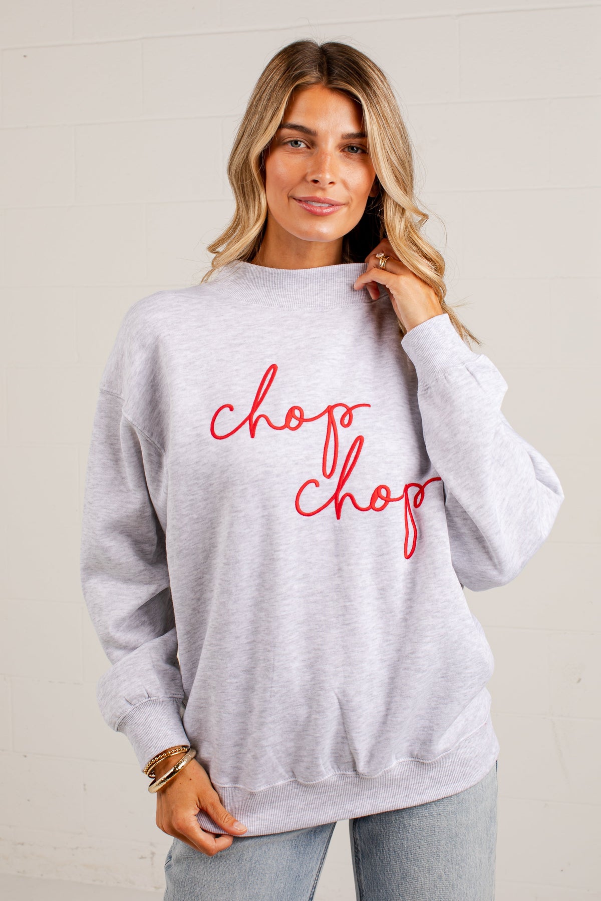 Chop Chop Script Mock Neck Pullover