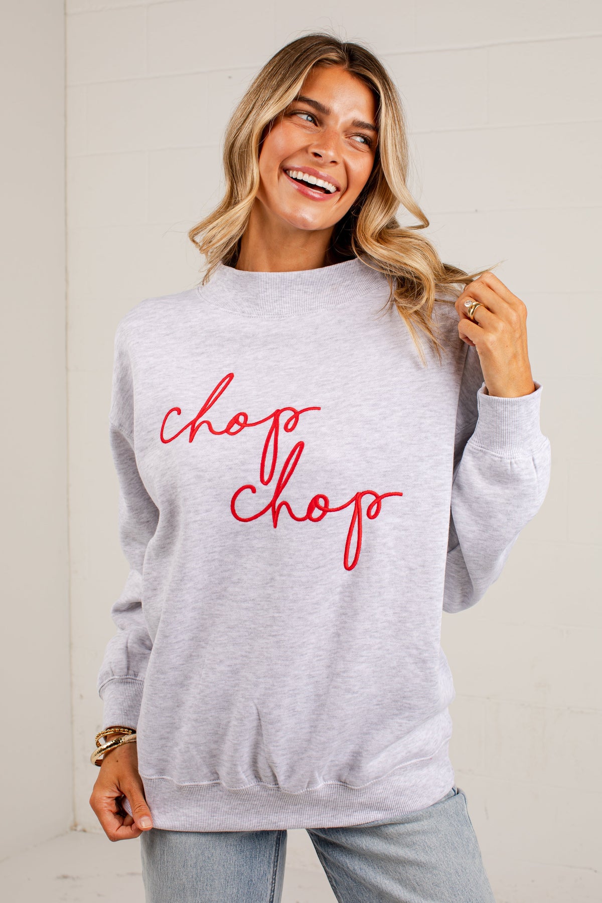 Chop Chop Script Mock Neck Pullover