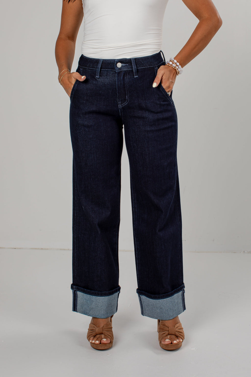 Carly High Rise Wide Leg Cuffed Dark Wash Jeans