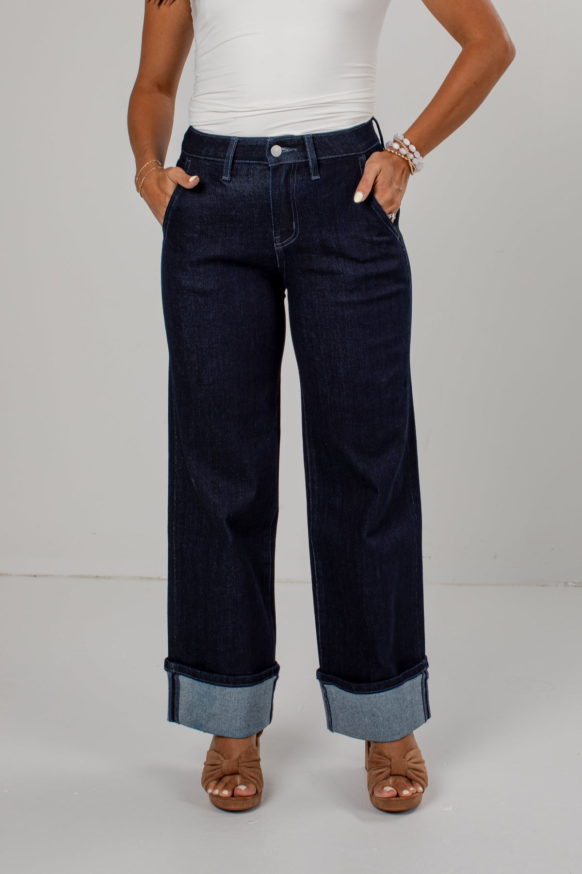 Carly High Rise Wide Leg Cuffed Dark Wash Jeans