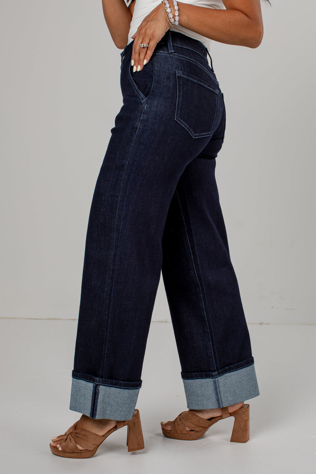 Carly High Rise Wide Leg Cuffed Dark Wash Jeans
