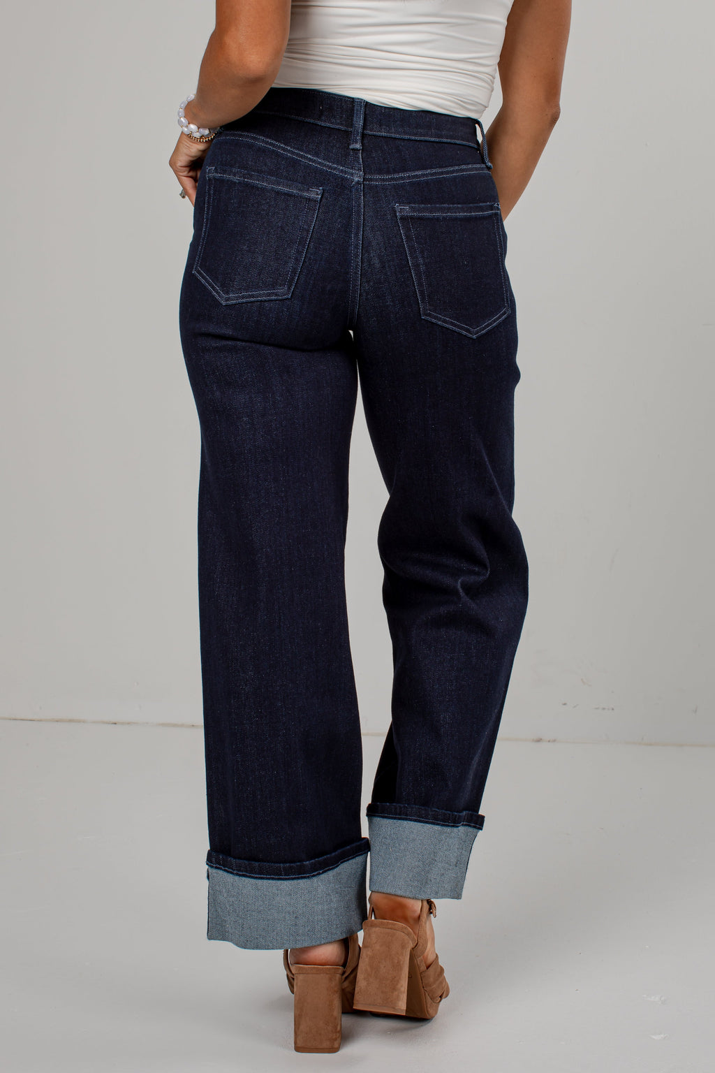 Carly High Rise Wide Leg Cuffed Dark Wash Jeans