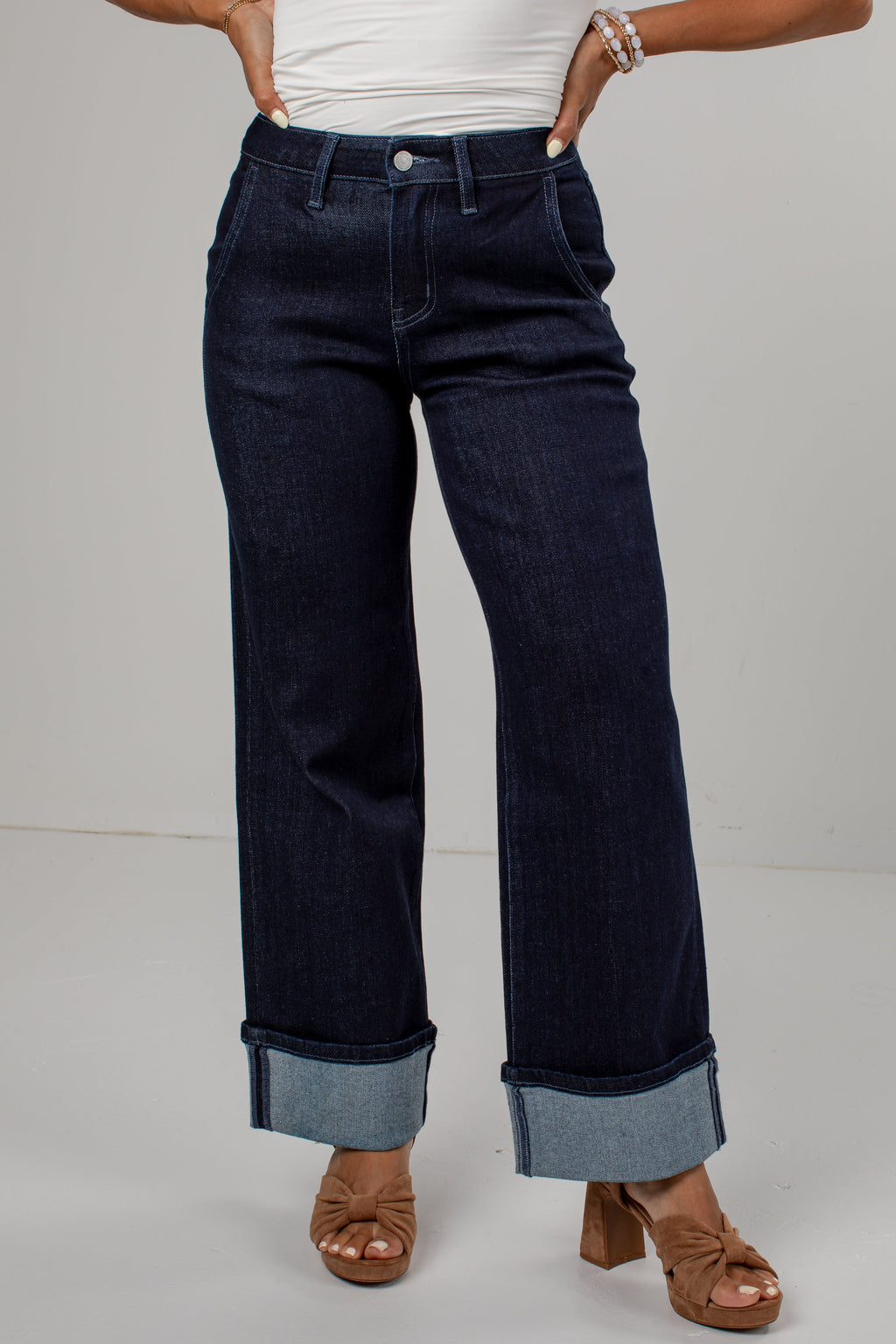 Carly High Rise Wide Leg Cuffed Dark Wash Jeans