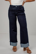 Carly High Rise Wide Leg Cuffed Dark Wash Jeans