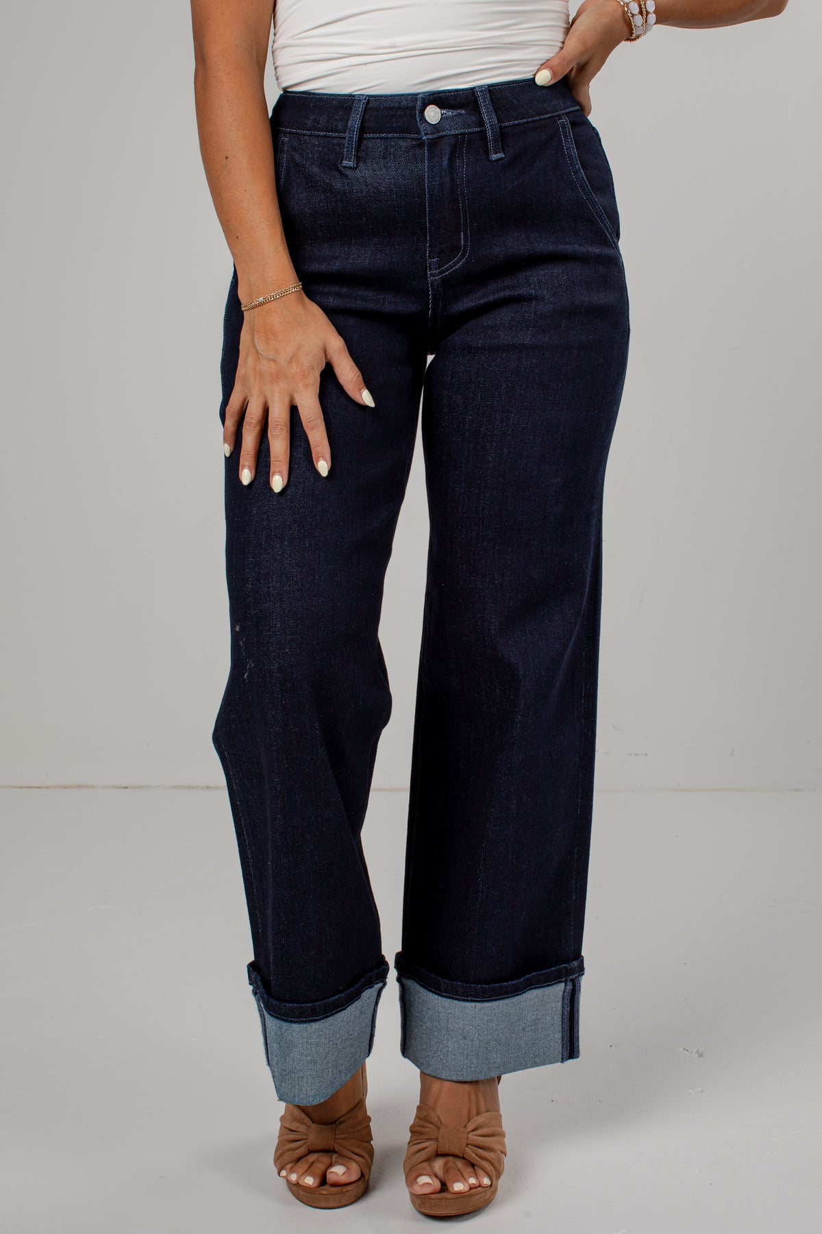 Carly High Rise Wide Leg Cuffed Dark Wash Jeans