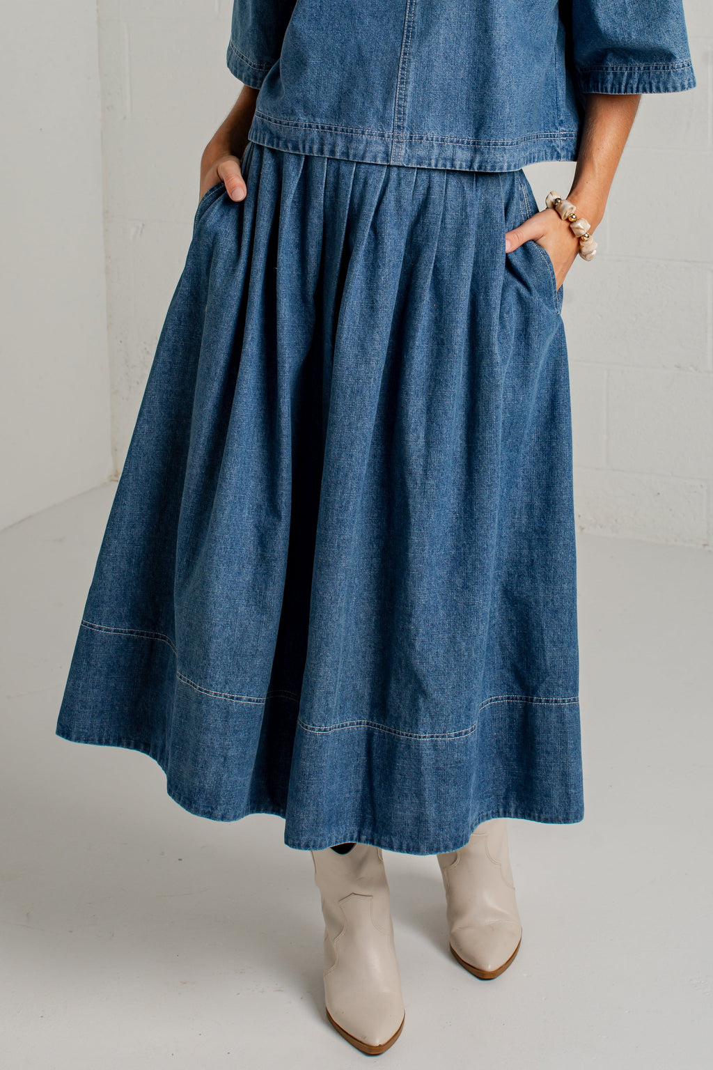 Blue Hour Pleated Denim Maxi Skirt