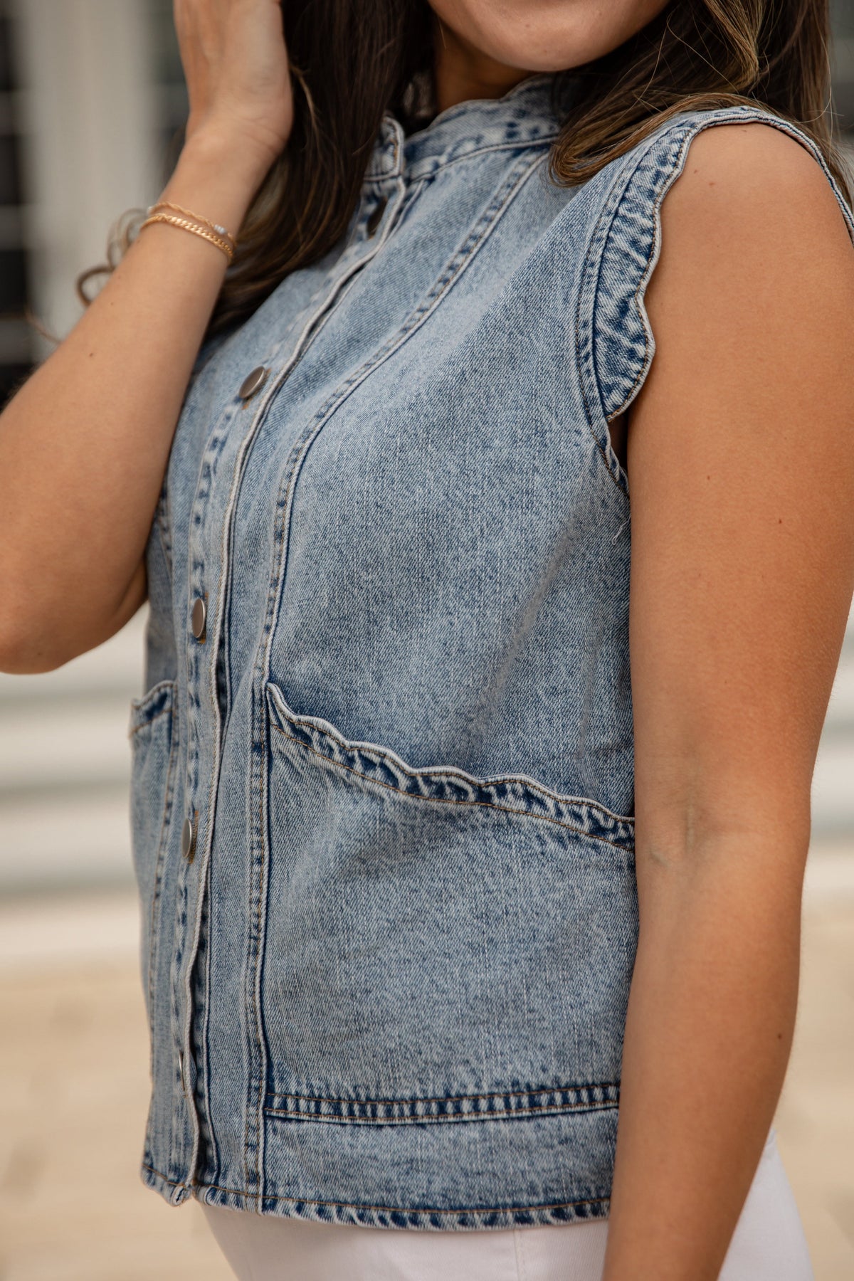Downtown Denim Scalloped Button Vest