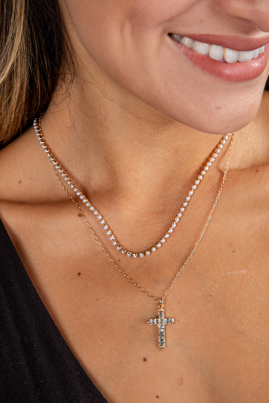 Alexa Gold Rhinestone Cross Charm Layered Necklace