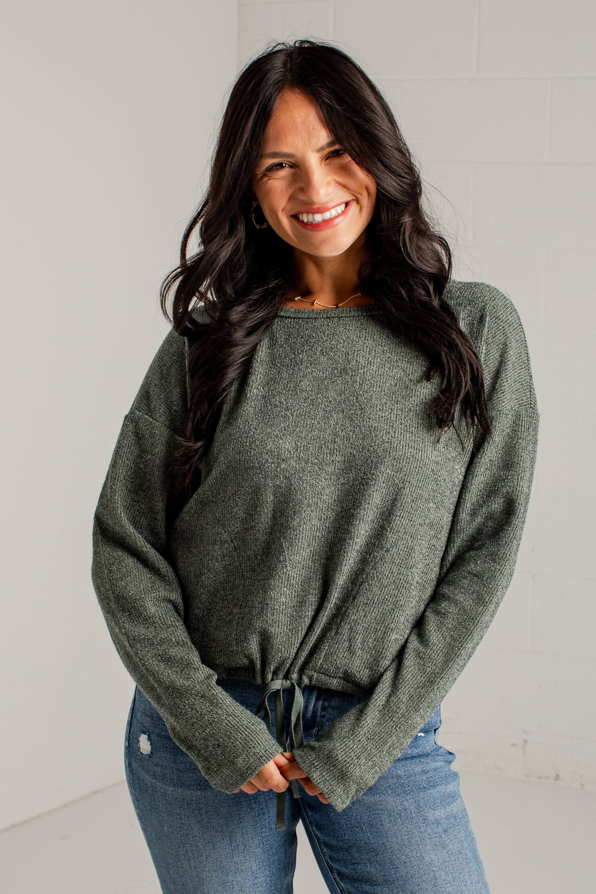 A Little Downtime Drawstring Green Knit Top
