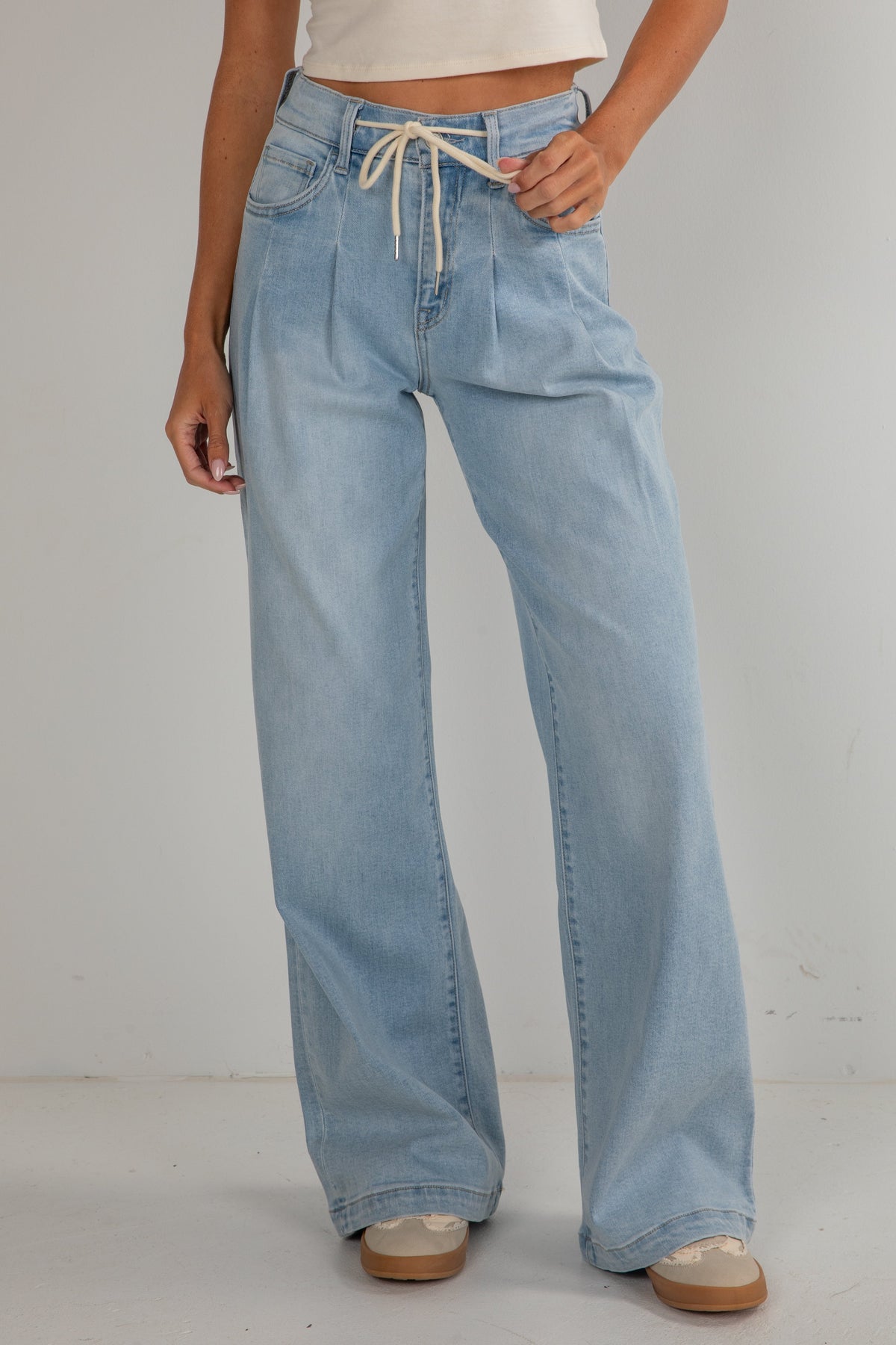 Cara Light Wash High-Rise Drawstring Wide Leg Jeans