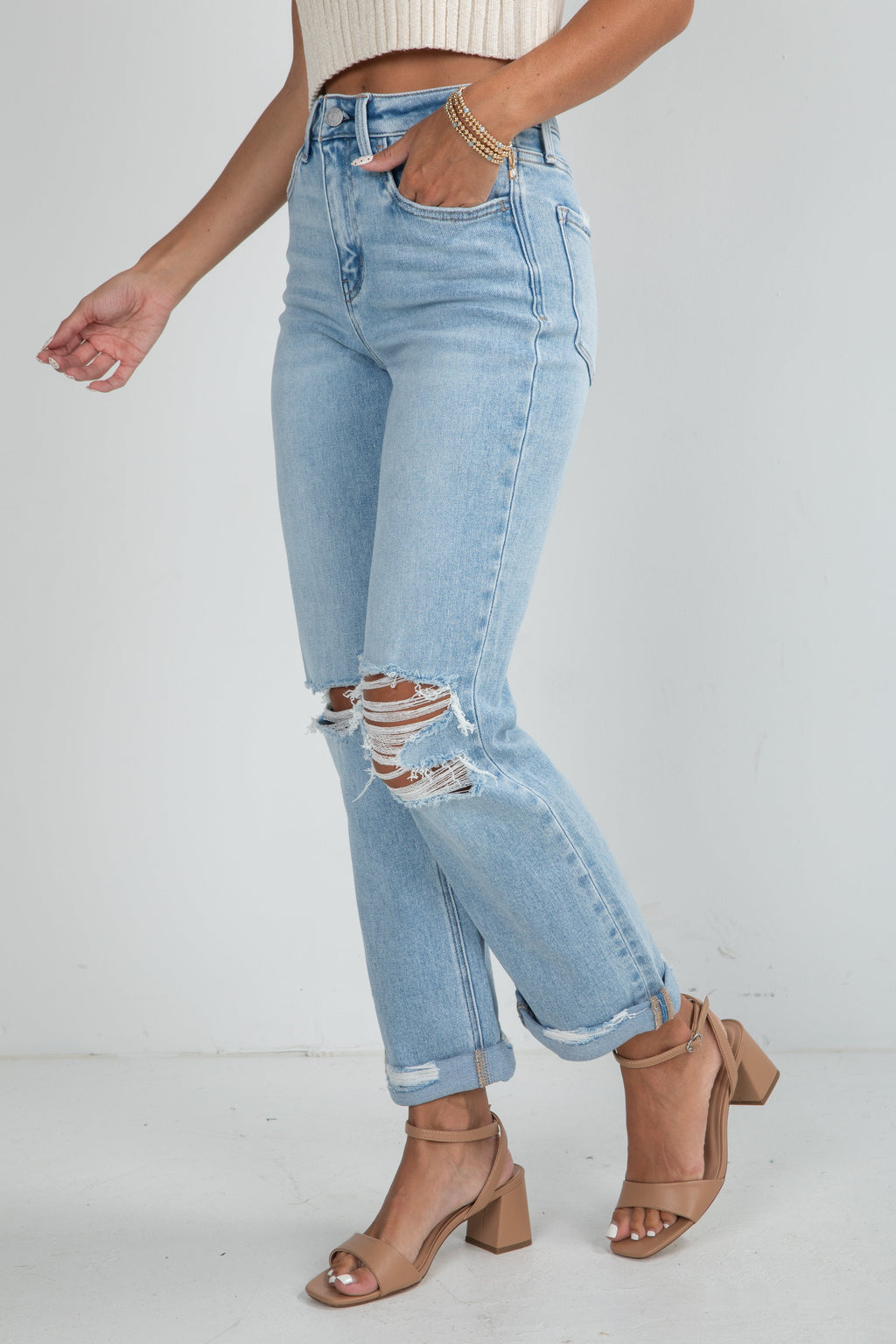 Alex Light Wash High-Rise Distressed Straight Leg Jeans