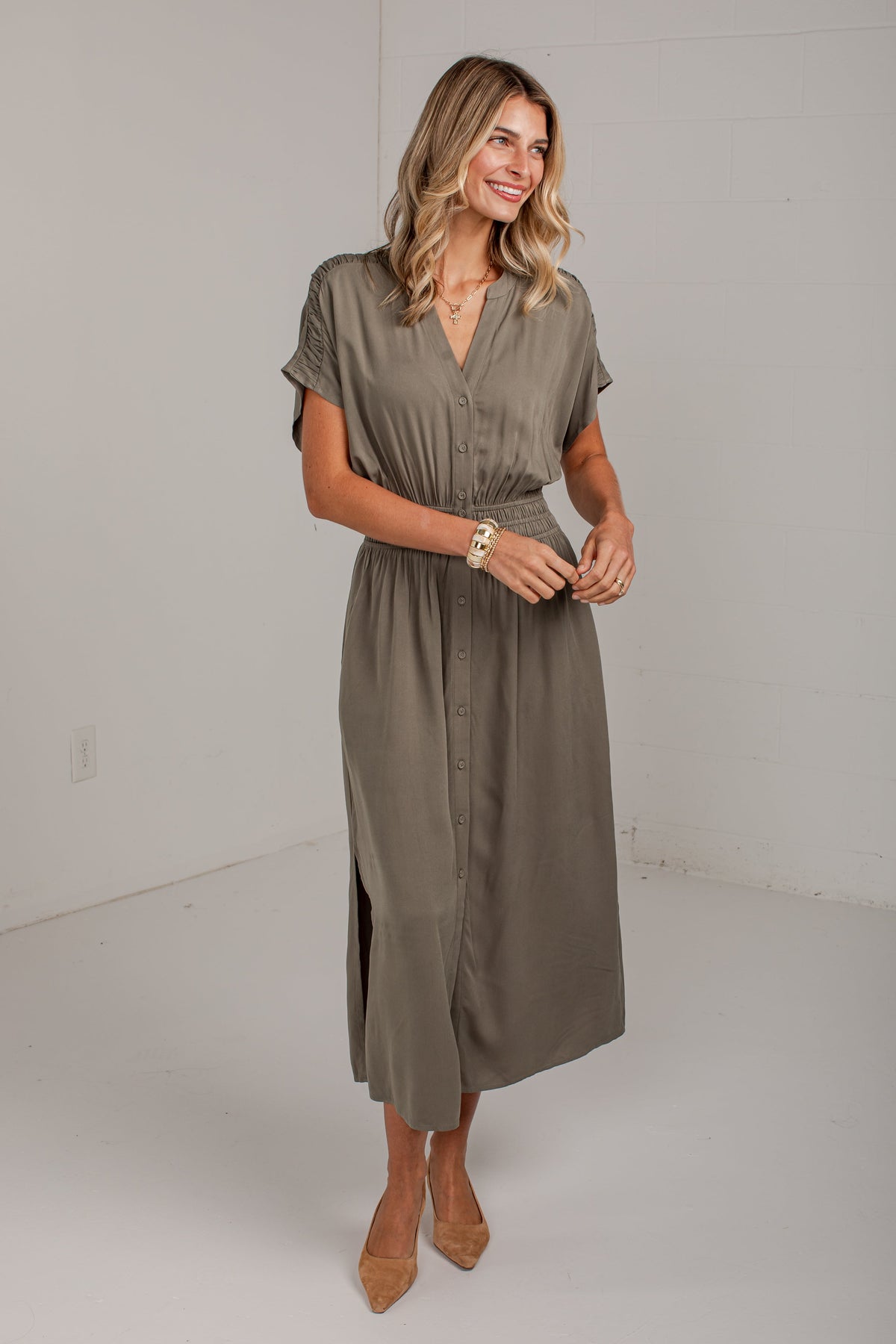 Changing Seasons Olive Button Front Maxi Dress