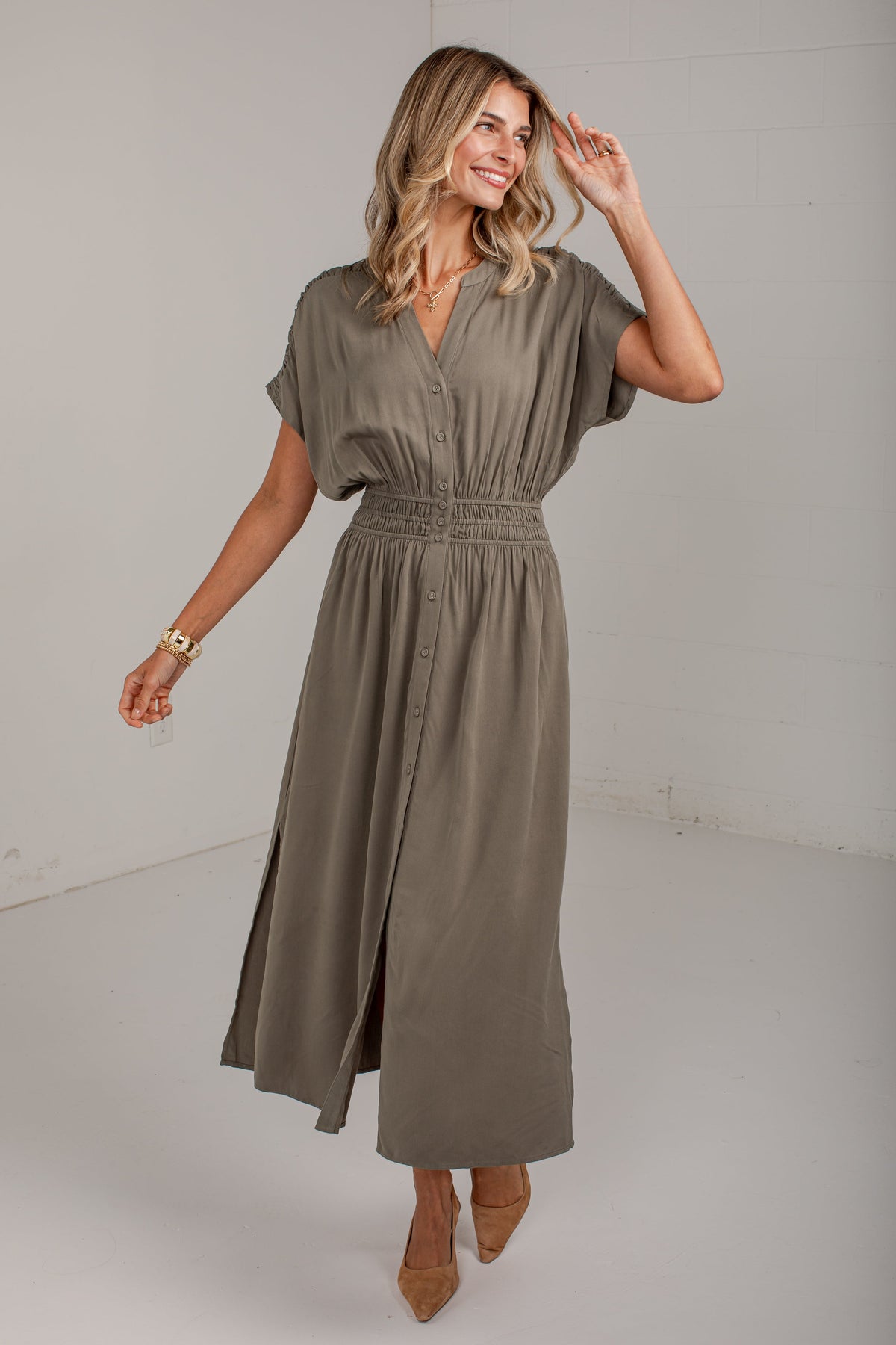 Changing Seasons Olive Button Front Maxi Dress