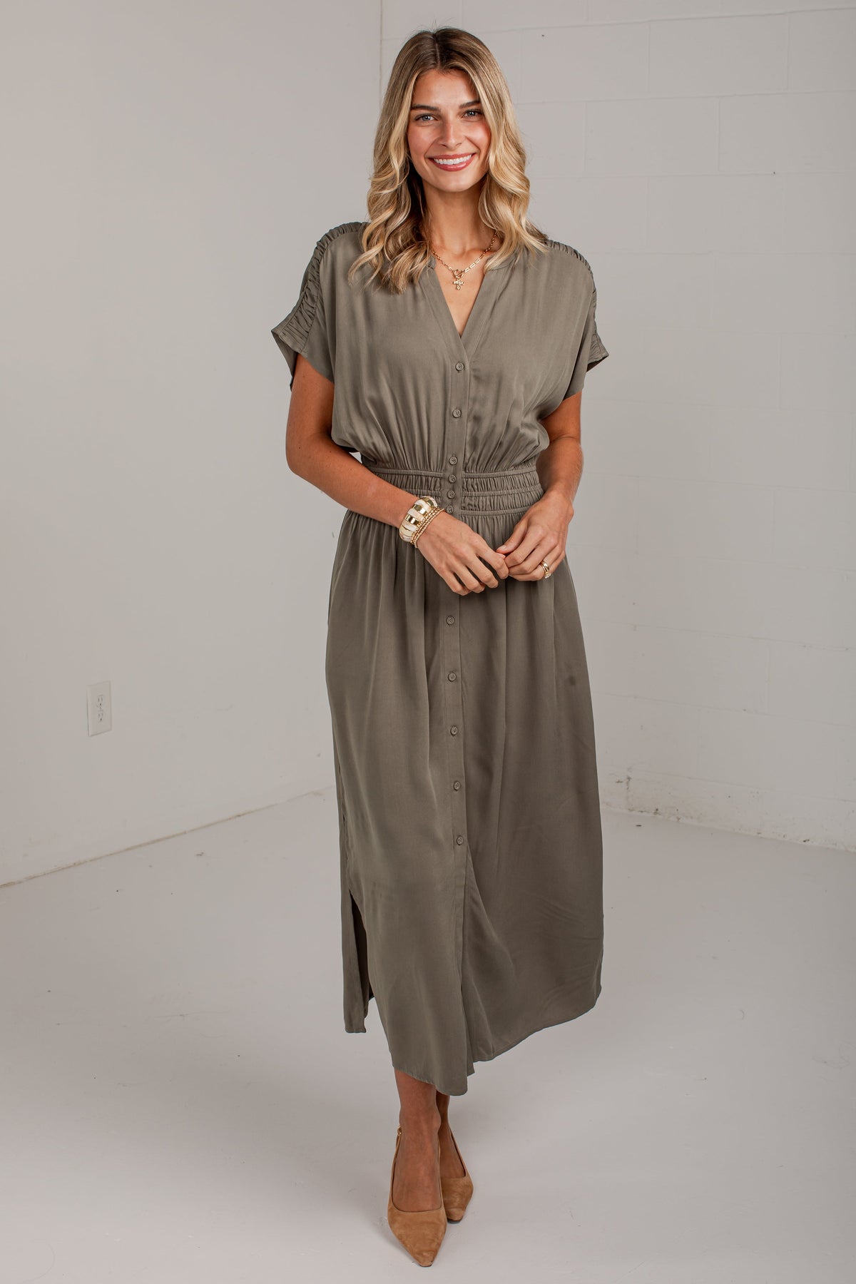 Changing Seasons Olive Button Front Maxi Dress